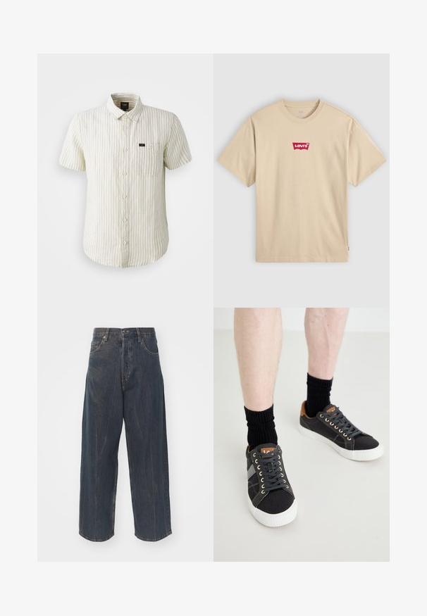Beige trumpas rankovėmis marškinys su šviesiai pilkomis vertikaliomis juostelėmis, turintis užsegimą iki galo, apykaklę ir vieną krūtinės kišenę.; Bežinis medvilnės marškinėliai su apykakle ir trumpomis rankovėmis. Krūtinėje yra raudonas Levi's logotipas. Paprasta, klasikinė forma.; Plati tamsiai mėlyni džinsai su subtiliu suplyšusiu tekstūros, penkios kišenės ir klasikinis mygtukų bei užtrauktuko uždarymas juosmens srityje.; Pilki kanvas sportbačiai su baltais guminiais padu, juodais raišteliais ir rudomis odinėmis detalėmis ant kulno, derinami su juodomis raižytomis kojinėmis.