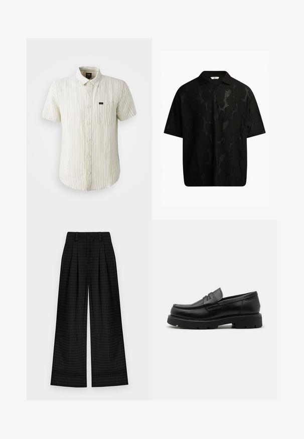 Kortærmet skjorte i beige med lysegrå lodrette striber, der har en knap-op design, krave og en enkelt brystlomme.; Sort kortærmet polo-shirt med et tekstureret, abstrakt mønster. Kraven er flad og let åben, hvilket fremhæver det afslappede design.; Sorte ternede brede bukser med læg, der har en glat tekstur og klassisk design. Letvægtsstof for komfort.; Sorte læder loafers med rund tå, teksturerede detaljer foran og en kraftig gummisål med riller for bedre greb.
