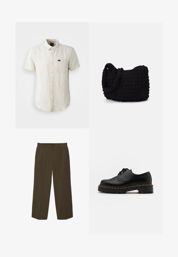 Kurzarmhemd in Beige mit hellgrauen vertikalen Streifen, mit Knopfdesign, Kragen und einer einzigen Brusttasche.; Braune, locker sitzende Hose aus weichem Material mit flachem Frontschnitt, Seitentaschen und einem Knopfverschluss an der Taille. Schlichtes Design ohne Muster.; Schwarze Leder Schnürschuhe mit runder Spitze, strukturiertem Gummisohle und gelben Nähten um den Rand. Flaches Design und glatte Oberfläche.; Schwarze Stofftasche mit einer strukturierten, gesteppten Oberfläche. Abgerundete Form, kurze, dicke Griffe und eine weiche, flexible Struktur.