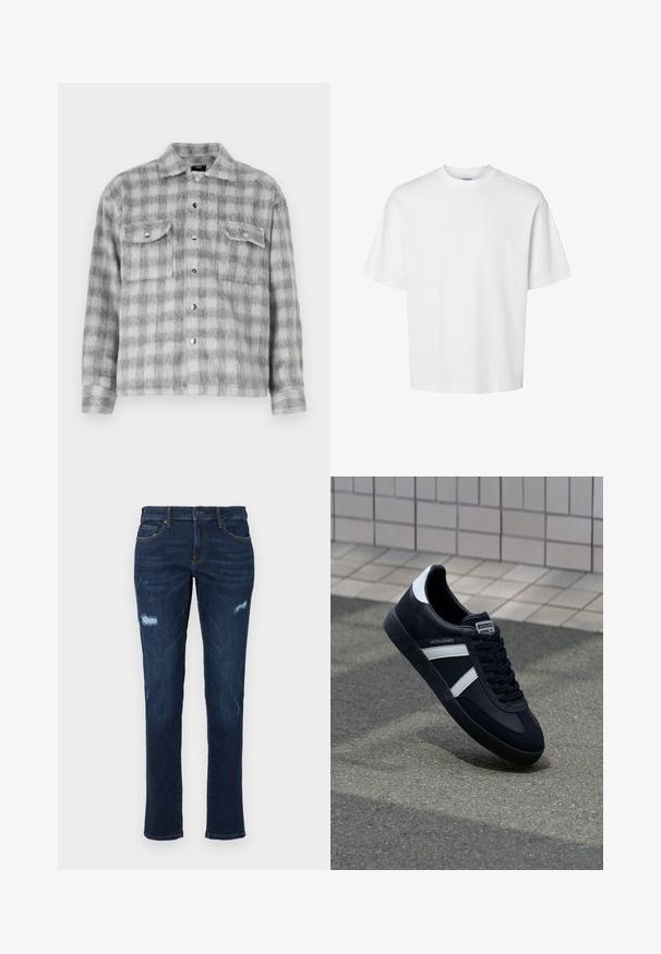 Grau-weiße kariertes Flanellhemd mit weicher Textur, ausgestattet mit einer Knopfleiste, zwei Brusttaschen und langen Ärmeln.; Weißes Baumwoll-T-Shirt mit kurzen Ärmeln, Rundhalsausschnitt und lässigem Schnitt. Glatte Textur ohne sichtbare Muster oder Akzente.; Dunkelblaue Denim-Jeans im geraden Schnitt, mit abgetragenen Rissen an den Knien, traditionellen Taschen und sichtbaren kontrastierenden Nähten.; Schwarze Leder-Sneaker mit weißen Streifen, strukturiertem Gummisohle und Schnürung. Verfügt über ein Markenetikett auf der Zunge.
