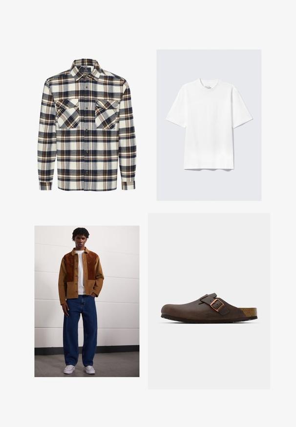 Geruite overhemden met marineblauw, bruin en crèmekleuren, twee borstzakken en een open kraag. Gemaakt van een zachte, gestructureerde stof.; Effen witte kortemouwen relaxte T-shirt plat neergelegd op een lichtgrijze achtergrond.; Man die binnen staat en een bruine corduroyjas met roestvlekken, een wit T-shirt, losse blauwe spijkerbroeken en witte sneakers draagt.; Bruine leren klomp met een brede band en een koperen gesp, voorzien van een gestructureerde kurken voetbed en een dikke zwarte rubberen zool.