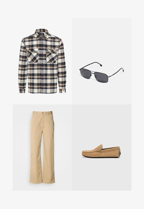 Geruite overhemden met marineblauw, bruin en crèmekleuren, twee borstzakken en een open kraag. Gemaakt van een zachte, gestructureerde stof.; Beige, wijde broek gemaakt van een katoenmix. Voorzien van een knoopsluiting en riemlussen. Soepele textuur, met minimale stikseldetails.; Beige suède moccasin met een gestikte neus, instapontwerp en zwarte rubberen zool. Heeft subtiele branding aan de zijkant.; Zwarte zonnebril met een rechthoekig montuur, getinte lenzen en slanke metalen armen. Bevat subtiele zilveren accenten op het montuur.