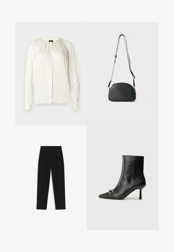 Blusa a maniche lunghe in seta color avorio. Presenta un collo rotondo, morbide pieghe sulle spalle e polsini con bottone. Texture liscia e design minimalista.; Pantaloni neri a taglio dritto, con doppie pieghe, una texture liscia e un design classico in vita. Nessun hardware o dettaglio visibile.; Stivale alla caviglia in pelle nera con punta affusolata, tacco sottile di media altezza e dettaglio in fibbia argentata sul lato, su sfondo semplice.; Borsa a tracolla in pelle nera di forma arrotondata, con due cinturini regolabili e un logo sottile sulla parte anteriore. Esterno testurizzato, design minimalista.