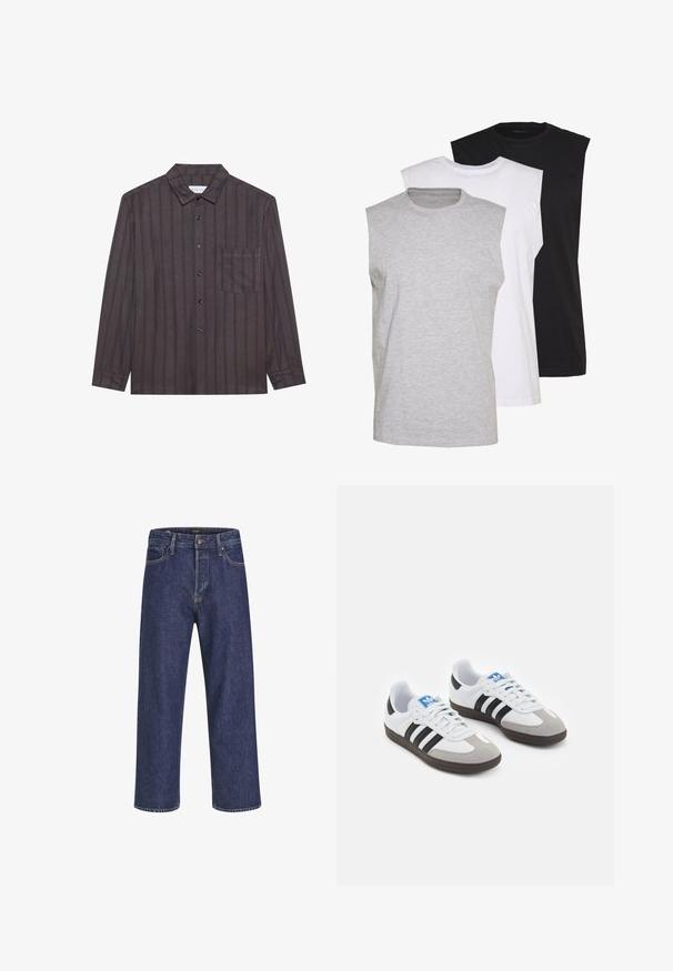 Brun långärmad skjorta med vertikala marinblå ränder, knäppning med krage, framficka och svarta knappar, tillverkad av lättviktsmaterial.; Tre ärmlösa t-shirts i grått, vitt och svart. Mjukt bomullsmaterial med rundad halsringning och avslappnad passform. Enkelt design, inga mönster.; Mörkblå denimjeans med rak passform, femficksdesign, metallknappstängning och kontrasterande sömmar, med en subtil textur.; Sportskor med överdel i vit läder, grå mocka på tårna och tre svarta ränder. Har en blå logotyp på tungan och en texturerad gummisula.