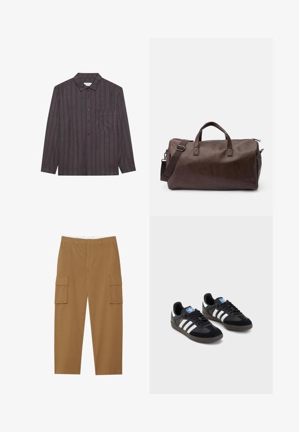 Ruskea pitkähihaista paitaa, jossa on pystysuoria laivastonsinisiä raitoja, nappikaulus, etutasku ja mustat napit, valmistettu kevyestä kankaasta.; Ruske hlače s cargo stilom, s dva bočna džepa, ravnim prednjim dijelom i ravnim nogavicama. Izrađene su od izdržljive tkanine s glatkom teksturom.; Mustat lenkkarit, joissa on mokkanahka- ja synteettinen päällinen, kolmella valkoisella raidalla, tekstuurilla varustettu kumipohja ja sininen logo-etiketti kielellä.; Ruskea synteettisestä nahasta valmistettu viikonloppulaukku, jossa on kaksoiskahvat ja säädettävä olkahihna. Varustettu vetoketjulla ja suorakulmaisella pohjamuodolla.