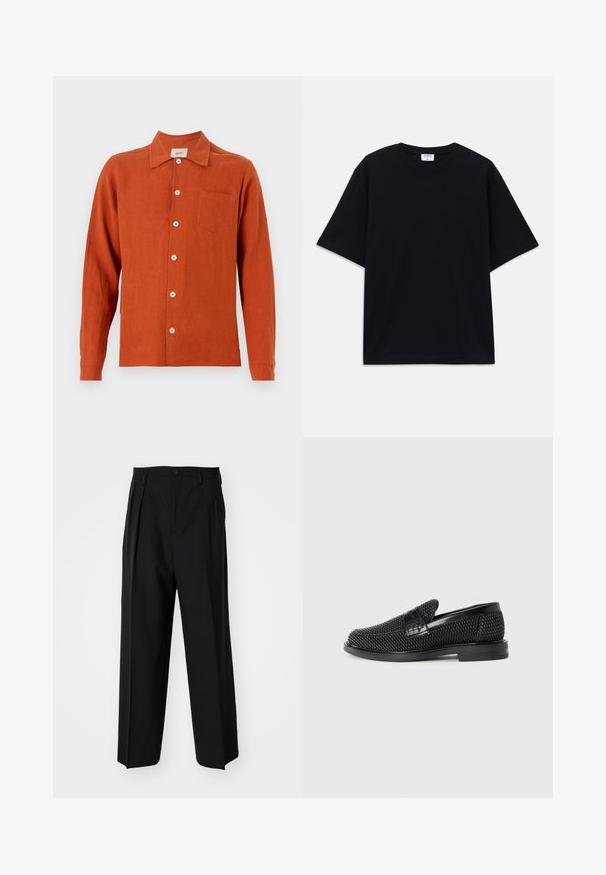 Rozsda színű, hosszú ujjú ing könnyű anyagból. Gombos elülső rész, gallér és egyetlen mellzseb jellemzi.; Fekete, rövid ujjú, oversize póló kerek nyakkivágással és látható Filippa K márkacédulával a gallér belső részén.; Fekete, pliszírozott nadrág, egyenes, széles lábakkal. Sima anyagból készült, gombos záródással és övhurkokkal rendelkezik.; Fekete szőtt slip-on cipő sima bőr díszítéssel a felsőrészen, kerek orral és alacsony profilos gumitalppal.