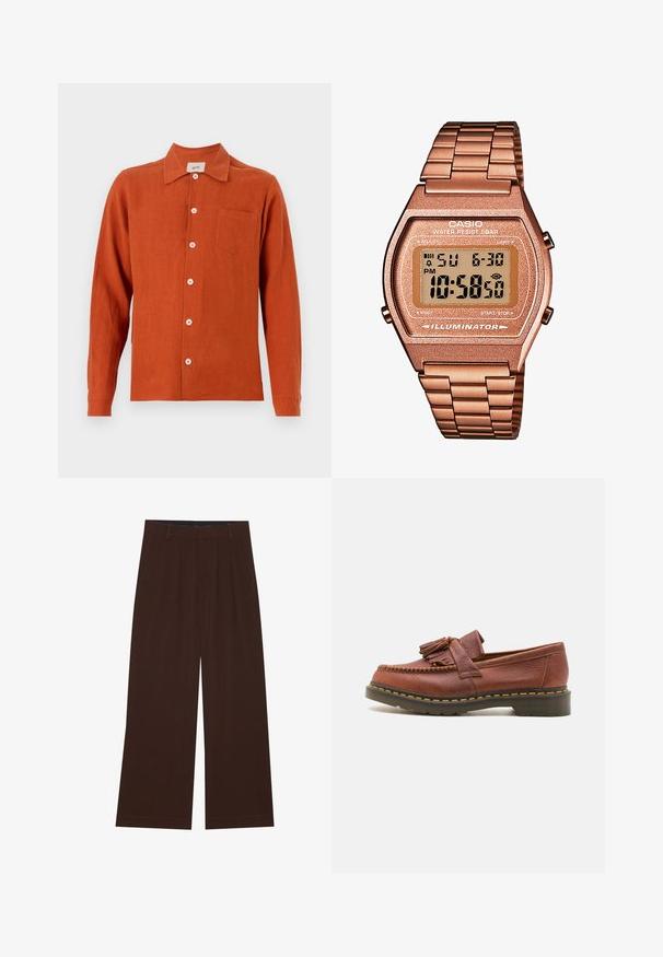 Rdzawoczerwona, długorękawowa koszula z lekkiego materiału. Posiada zapięcie na guziki, kołnierzyk oraz jedną kieszeń na piersi.; Brązowe spodnie szerokie z plisami. Wykonane z gładkiego materiału, z dopasowanym pasem i kieszeniami bocznymi. Prosty zakład na dole.; Brązowe skórzane mokasyny z frędzlami, teksturowana powierzchnia i kontrastujące żółte przeszycie wzdłuż czarnej gumowej podeszwy. Widok z boku.; Cyfrowy zegarek Casio z różowo-złotą metalową bransoletą, prostokątną kopertą, podświetlanym wyświetlaczem i wodoodpornością, pokazujący czas i datę.