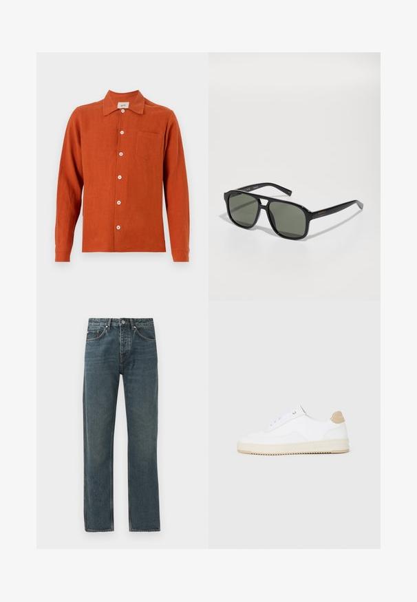 Μπλούζα σε χρώμα σκουριάς, με μακριά μανίκια και ελαφρύ ύφασμα. Διαθέτει κουμπιά μπροστά, γιακά και μία θήκη στο στήθος.; Σκούρο μπλε τζιν παντελόνι με σχέδιο ευθείας γραμμής, που διαθέτει πέντε τσέπες, κλείσιμο με κουμπί και αντίθετες ραφές.; Λευκά sneakers χαμηλού τύπου με άνω μέρος από υφασμάτινο δέρμα, κρεμίζω με λοξές αντιθέσεις και κάλυμμα τακουνιού σε καφέ απόχρωση. Διαθέτουν λευκά κορδόνια και λεπτομέρεια λογότυπου στο τακούνι.; Μαύρα ορθογώνια γυαλιά ηλίου με πράσινους φακούς, γυαλιστερός σκελετός, μεταλλικά εξαρτήματα και χρυσό λογότυπο στην κροταφική χώρα.