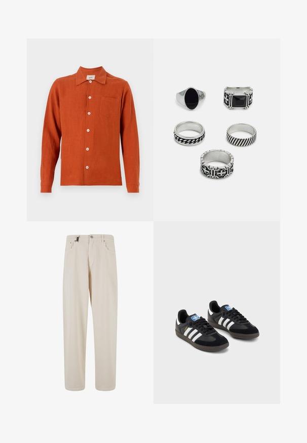 Rozsda színű, hosszú ujjú ing könnyű anyagból. Gombos elülső rész, gallér és egyetlen mellzseb jellemzi.; Bézs színű pamut nadrág egyenes szárú szabással, elülső zsebekkel és gombos záródással. Simaszerű textúra minimális részletezéssel.; Fekete sportcipők, velúrból és szintetikus anyagból készült felsőrésszel, három fehér csíkkal, textúrázott gumitalppal és kék logó címkével a nyelvén.; Öt gyűrűből álló szett: egy ezüst szignettgyűrű fekete kővel, négy fém gyűrű különböző mintázatokkal, köztük fonott és csíkozott minták.