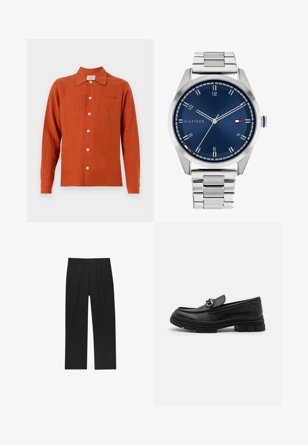 Ruskohvainen pitkähihaisen pusero kevyessä kankaassa. Ominaisuuksiin kuuluvat napillinen etuosa, kaulus ja yksi rintatasku.; Mustat housut suoranlahkeisella muotoilulla, valmistettu sileästä kankaasta. Ominaisuuksiin kuuluu etupleateet ja yksi nappikiinnitys vyötäröllä.; Musta nahkaloaferi pyöreällä varvalla, koristeellisesti varustetulla hihnalla ja metalliosilla sekä paksulla, teksturoidulla pohjalla. Sileä pinta hienovaraisin yksityiskohdin.; Harmaa metallikello, jossa on harjattu sininen taulu, valkoiset tuntimerkit ja päivämääränäyttö. Varustettu linkitetyllä metallirannekkeella ja brändin logolla.