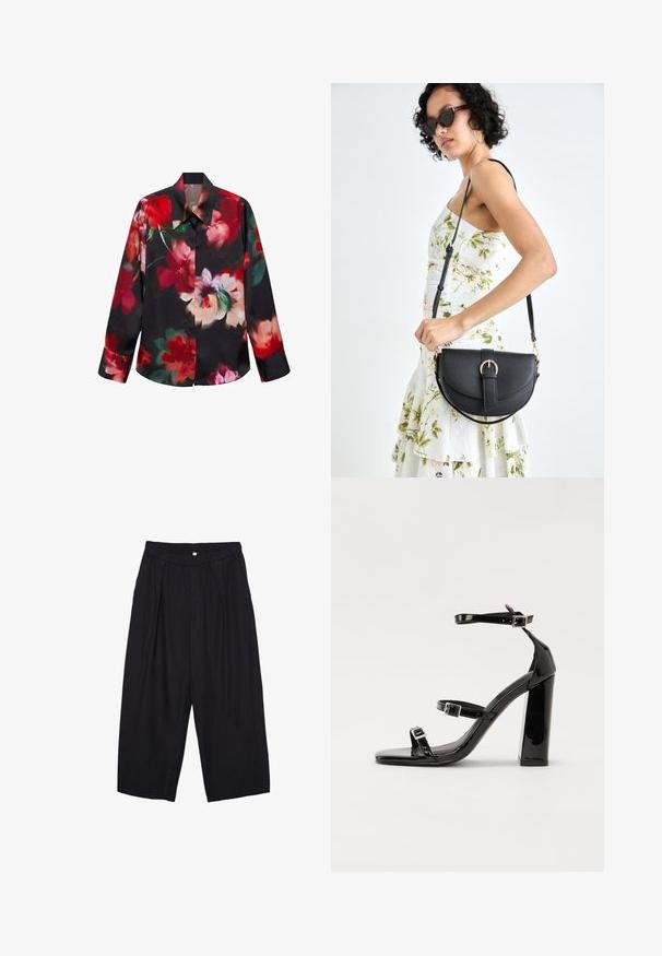 Floral print blouse made of smooth fabric. Features a black background with vibrant red, pink, and green flowers. Structured collar and button cuffs.; Black polyester culotte pants with an elastic waistband, two front pleats, and a loose silhouette. No visible patterns or hardware details.; Black patent heeled sandals with a square toe, ankle straps, and silver buckles. Features a chunky block heel for stability.; Black leather handbag with a curved shape, detachable strap, and gold hardware. The bag features a flap with a buckle detail.