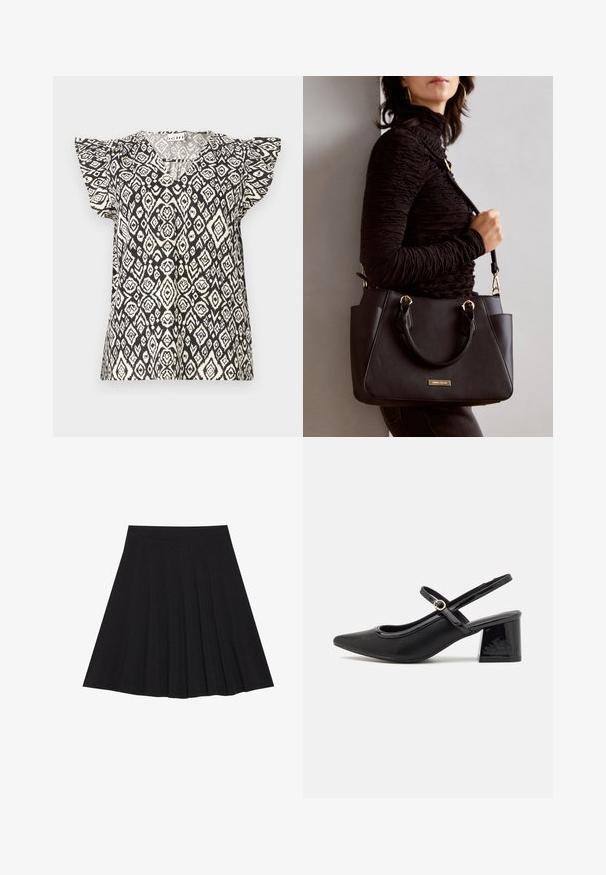 Top a fantasia nera e crema con scollatura a V, maniche corte arricciate e vestibilità ampia, che mette in risalto un design geometrico a diamante.; Gonna nera plissettata realizzata in tessuto strutturato con una vita aderente. Cade all'altezza del ginocchio, presentando una silhouette liscia e pulita.; Décolleté in vernice nera con cinturino dietro, punta affusolata, design con ritagli arrotondati e tacco a blocco. Presenta un accento di fibbia tono oro.; Borsa nera con superficie texturizzata, manici superiori doppi e tracolla regolabile. Dotata di hardware color oro e tasche laterali.