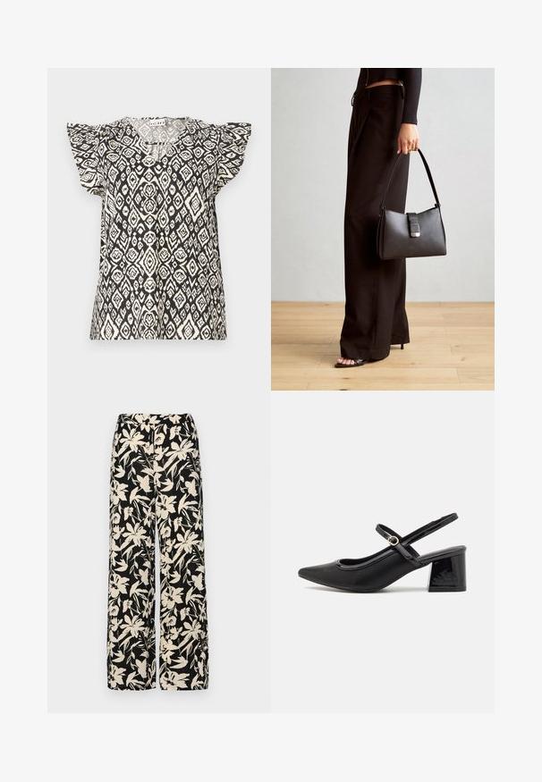 Black and cream patterned top featuring a v-neck, short ruffled sleeves, and a loose fit, showcasing a geometric diamond design.; Black wide-leg pants with a cream floral pattern. Made of lightweight fabric, featuring a smooth texture and a high waistband.; Black patent leather slingback heels with a pointed toe, a rounded cutout design, and a block heel. Features a gold-tone buckle accent.; Black handbag with structured shape, smooth texture, and a metallic clasp. Paired with wide black pants and open-toe sandals on wooden floor.
