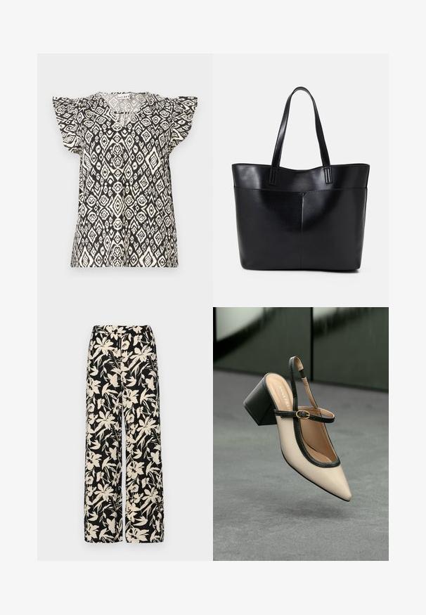 Schwarz-creamfarbener, gemusterter Oberteil mit V-Ausschnitt, kurzen Rüschensäumen und lockerer Passform, der ein geometrisches Diamantdesign präsentiert.; Schwarze weit geschnittene Hose mit einem cremefarbenen Blumenmuster. Hergestellt aus leichtem Stoff, mit einer glatten Textur und einem hohen Bund.; Beige Slingback-Schuh mit spitzer Zehenpartie, schwarzer Umrandung, goldener Schnalle und dicker Blockabsatz auf grauem Boden vor dunklem grünen Hintergrund.; Schwarze Leder-Shopper-Tasche mit zwei langen Griffen, einer glatten Textur und einer strukturierten Form. Verfügt über eine Vordertasche für zusätzlichen Stauraum.