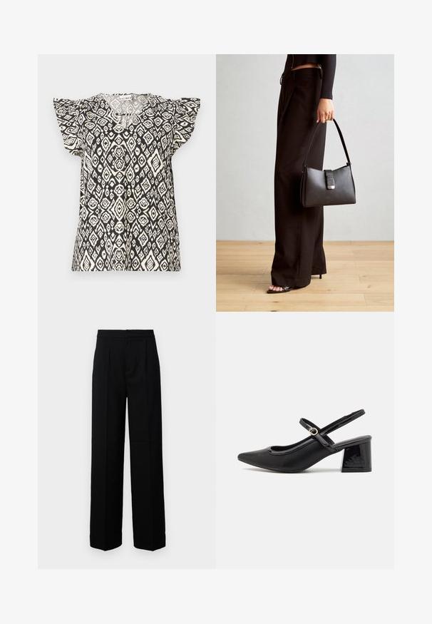 Svart och krämfärgad mönstrad topp med v-ringning, korta volangärmar och en lös passform, som visar ett geometriskt diamantmönster.; Svarta vida byxor med en slät yta, med en rak front, veck och en skräddarsydd midja. Ingen synlig hårdvara eller mönster.; Svarta lackläder slingback-klackar med spetsig tå, en rundad utskärning och en blockklack. Utsmyckad med en spänne i guldton.; Svart handväska med strukturerad form, slät yta och metallspänne. Matchad med vida svarta byxor och sandaler med öppen tå på trägolv.
