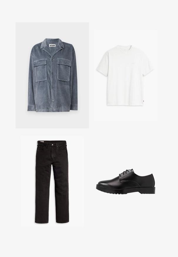 Chaqueta de camisa de pana azul con dos bolsillos frontales, cierre de botones y cuello tradicional. Presenta una textura suave y tela acanalada.; Camiseta de algodón blanca con mangas cortas, cuello redondo y sutil logo de Levi's impreso en el centro. Textura suave y ajuste estándar.; Vaqueros de mezclilla negros de pierna recta con cinco bolsillos, cierre de botón y trabillas para cinturón, dispuestos sobre un fondo blanco.; Zapato de vestir de cuero negro con un acabado suave, punta redondeada, diseño de cordones y una suela de goma texturizada para mayor agarre. Tacón angular.