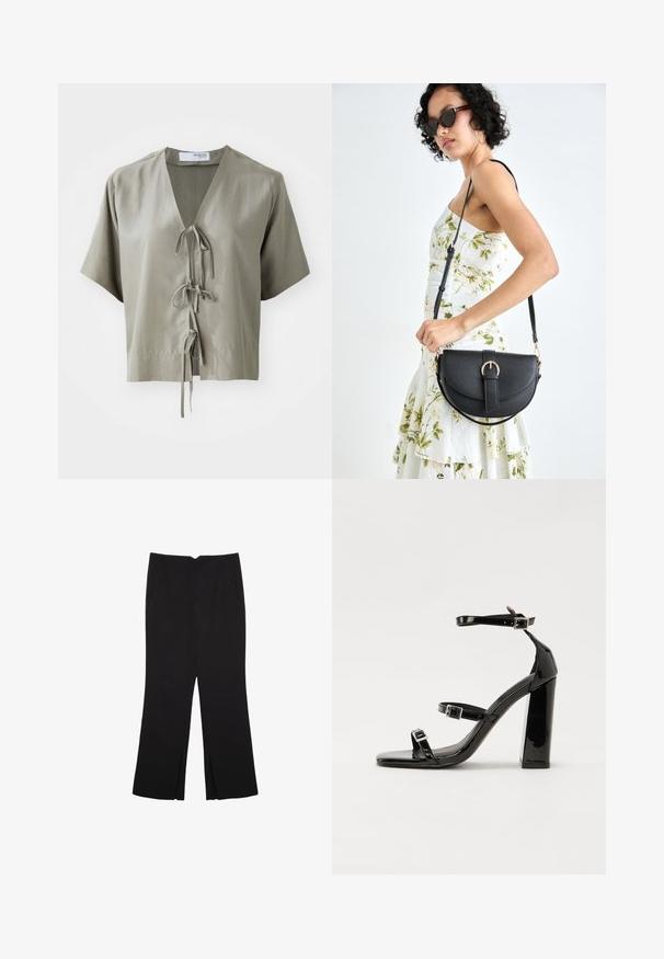 Blúzka s krátkym rukávom v olivovej farbe s výstrihom do V a prednými viazaniami. Vyrobená z hladkej látky s minimálnym švom a vo voľnom strihu.; Čierne nohavice so strihom rovného strihu, s prednými vreckami a bočnými rozparkami na leme. Vyrobené z mäkkej, hladkej tkaniny. Vhodné na rôzne príležitosti.; Čierne lakované sandále na podpätku so štvorcovou špičkou, navlečenými remienkami okolo členku a striebornými prackami. Disponujú masívnym blokovým podpätkom pre stabilitu.; Čierna kožená kabelka s zaobleným tvarom, odnímateľným popruhom a zlatými doplnkami. Kabelka má klopu s detailom s prackou.