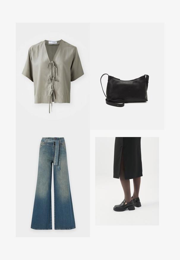 Trumpa rankovėmis, alyvuogių spalvos bluzonė su V formos iškirpte ir priekine kaklo juostele. Pagaminta iš sklandaus audinio su minimaliomis siūlėmis ir laisvu siluetu.; Platus džinsinis kelnes su šviesiai tamsiai mėlynu gradientu, aukštu juosmeniu, diržo kilpomis ir atitinkančiu audinio diržu. Textūruotas džinsinis paviršius.; Juodos odinės bateliai su apvaliu nosiu, stora blokine pakulne ir elastingais šonais, derinami su tamsiomis pėdkelnėmis ir juoda sijonu su plyšiu.; Juodas odinis petinis krepšys su lygiu paviršiumi, išlenkta forma, reguliuojama dirželiu ir užtrauktuku. Minimalistinis dizainas be puošmenų.