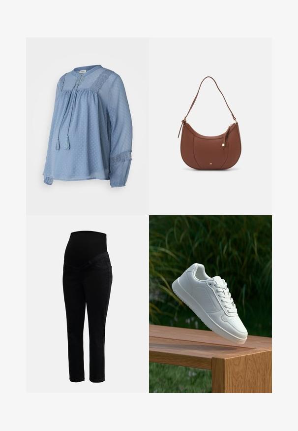 Gaiši zila blūze, kas izgatavota no caurspīdīga auduma ar teksturētām punktiņām. Tai ir apaļa kakla izgriezums, pazemināta jostasvieta un pušķu saites. Mežģīņu akcenti uz pleciem.; Melni grūtniecību džinsi ar elastīgu augstu jostas vietu un slaidām kājām, kas radīti komfortam un atbalstam grūtniecības laikā.; Baltie sporta apavi ar gludu sintētisku augšpusi, perforētu pirkstu daļu, plakani šņorēm un rakstainu zoli, novietoti uz koka virsmas.; Brūns mākslīgās ādas pleca soma ar izliekta forma, minimāls šuvums un zelta toņa aparatūras akcenti. Aprīkota ar augšējo rāvējslēdzēju un regulējamu siksnu.