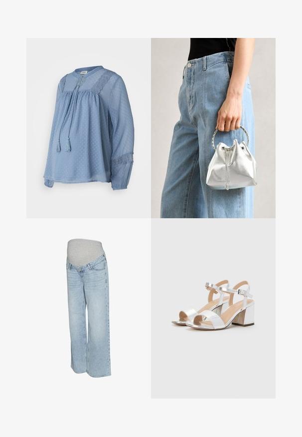 Lyseblå bluse laget av gjennomsiktig stoff med teksturerte prikkete mønstre. Har rund halslinning, senket midje og dusker. Blonde detaljer ved skuldrene.; Lyseblå denimjeans med en grå elastisk midje, vid bendesign og tradisjonell fem-lomme stil. Glatt tekstur med falmet vask.; Sølv høyhælte sandaler med åpne tær, med to brede reimer og en rund blokkhelt. Glatt tekstur med metallisk finish.; Sølvfarget metallic bøtteveske med tekstur, dekorert med et rundt sølvhåndtak og snøring, holdt mot lyseblå jeans.