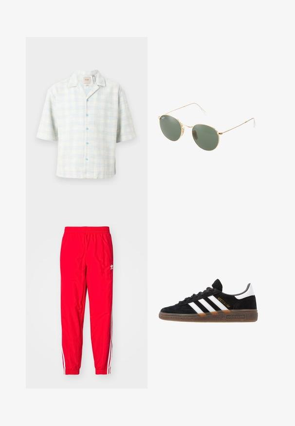 Korte mouwen overhemd in een lichtblauw-witte ruitpatroon, gemaakt van textuurstof met blauwe knopen en een kraag.; Witte katoenen t-shirt met een ronde hals, korte mouwen en een relaxte pasvorm. Heeft een eenvoudig ontwerp zonder patronen of accenten.; Rode sportieve broek met een elastische tailleband, witte gestreepte accenten aan de zijkanten en een klein wit logo op de linker dij.; Zwarte Adidas sneaker met witte strepen, gouden "Spezial" tekst, gumzool en witte hieltab, weergegeven in zijaanzicht.; Gouden metalen zonnebril met groene lenzen, ronde vorm, dunne pootjes en witte plastic accenten op de uiteinden van de steunen.