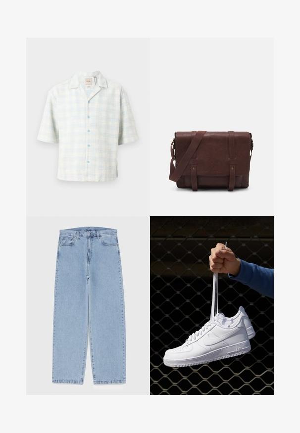 Košile s krátkým rukávem světle modro-bílém kostkovaném vzoru, vyrobená z texturované látky s modrými knoflíky a límečkem.; Bílý bavlněný top na ramínka s kulatým výstřihem, širokými ramínky a rovním lemem, s hladkou texturou a bez viditelných vzorů.; Světle modré džíny s rovnými nohavicemi, středním pasem, pěti kapsami a zapínáním na knoflík a zip.; Bílé kožené tenisky s perforacemi, kulatou špičkou, plochou podrážkou a silnými tkaničkami, které mají viditelné logo swoosh a nápis "AIR" na patě.; Hnědá kožená taška přes rameno s plochým předním klopem, dvěma popruhy, zlatými kovovými detaily a nastavitelným ramenním popruhem.