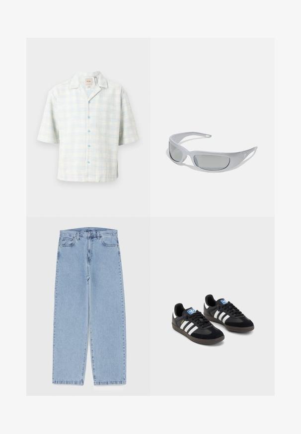 Lühikeste varrukate ja helesinise ja valge ruudulise mustriga särk, valmistatud tekstuuriga kangast, sinise nööbiga ja kraega kaelusest.; Valge puuvillane t-särk lühikeste varrukatega, ümmarguse kaelusega ja lõdva lõikega. Sile tekstuur, ilma nähtavate mustrite või aktsentideta.; Heled sinise denimi sirgete põlvede lõikega teksad, millel on keskmise kõrgusega vöökoht, viis taskut ning nööbid ja tõmblukk.; Mustad tossud, mille pealseks on seemisnahk ja sünteetilised materjalid, kolme valge triibuga, tekstureeritud kummitald ja sinine logo silt keele peal.; Silmad prillid, millel on loodud hall plastikraam, kumer disain ja halli tooniga läätsed. Ühe käe peal on logo aktsent.