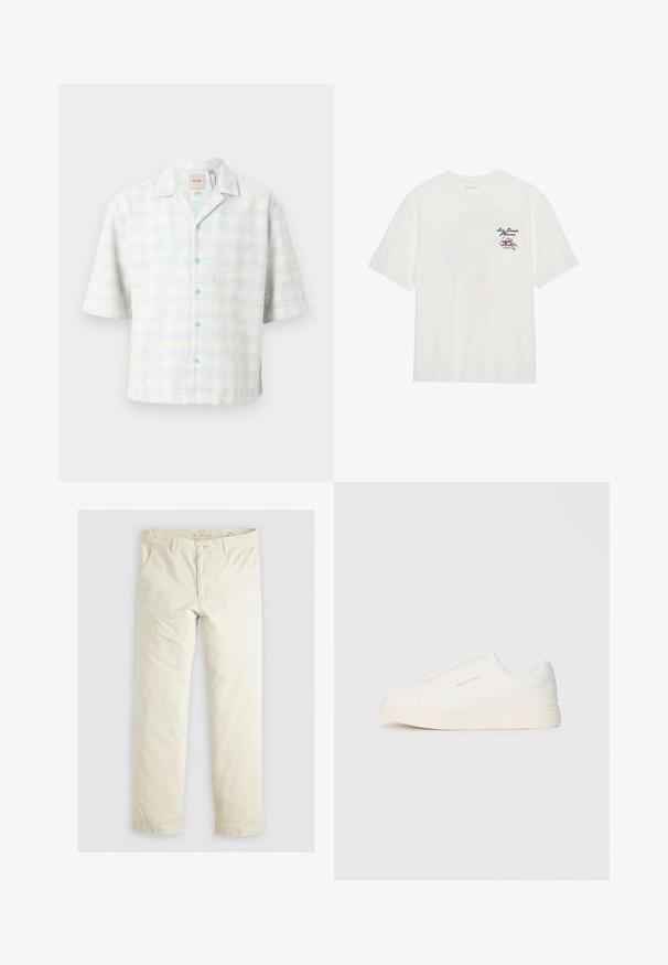 Šviesiai mėlynas ir baltas languotas trumpomis rankovėmis marškinėliai, pagaminti iš tekstūruoto audinio, su mėlynais mygtukais ir apykakle.; Balta medvilninė marškinėliai, su trumpomis rankovėmis ir apvaliu kaklu, su išsiuvinėtu gėlės raštu rožinės ir juodos spalvos kairėje krūtinės pusėje.; Šviesiai smėlinės spalvos laisvi kelnės su trimis kišenėmis, diržo kilpos ir tiesiomis kojomis. Pagamintos iš minkštos medvilnės mišinio audinio.; Baltos slip-on sportbačiai su tekstūruota paviršiumi, storesniu padu ir minimalistišku dizainu. Šone matosi prekės ženklo logotipas.