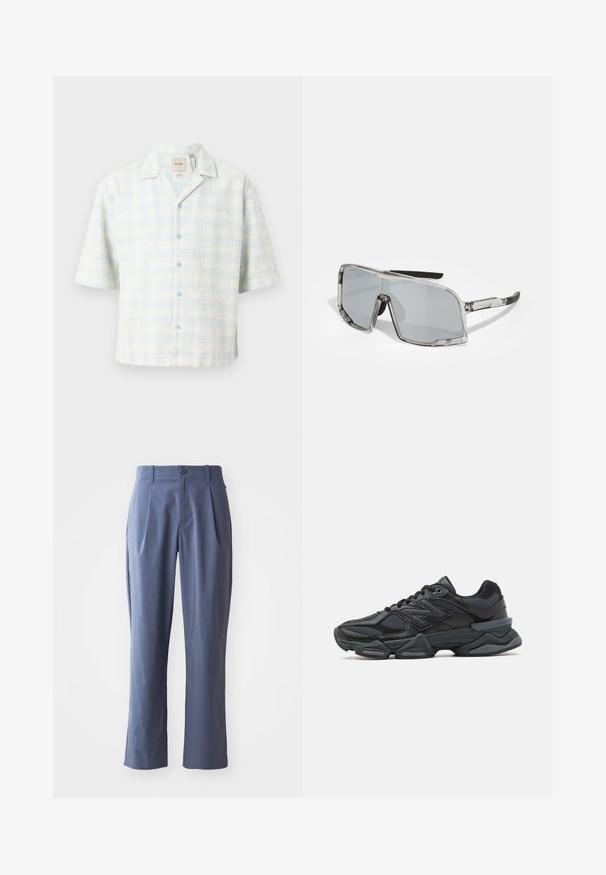 Short-sleeve shirt in a light blue and white check pattern, made of textured fabric with blue buttons and a collared neckline.; Navy blue trousers with pleats, straight cut, made of lightweight fabric, featuring a single front button closure and belt loops.; Black running shoe featuring a mix of mesh and synthetic materials, chunky sole, curved design, and prominent branding on the side.; Sunglasses with a transparent frame, gray lenses, rectangular shape, rubber-accented temples, and adjustable nose pads.