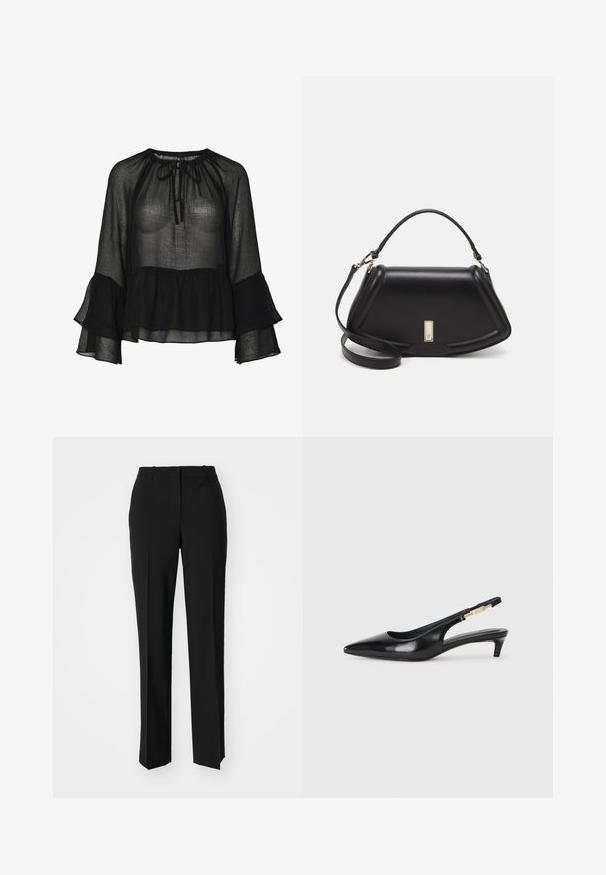 Schwarze transparente Bluse mit gerafftem Halsausschnitt, Bindeband und Glockenärmeln. Verfügt über einen geschichteten Rüschensaum und strukturierter Stoff.; Schwarze, taillierte Hose mit geradem Bein, aus einem glatten Stoff und mit klaren Falten an der Vorderseite. Keine sichtbare Hardware.; Schwarze Leder-Slingback-Pumps mit spitzem Schuhblatt, ausgestattet mit einem schlanken Absatz und einem goldfarbigen Akzent am verstellbaren Riemen. Glatte Textur.; Schwarze Lederhandtasche mit einem strukturierten Design, das eine verkürzte Form, einen oberen Griff und goldfarbene Hardware-Details aufweist. Verstellbarer Schulterriemen ist enthalten.