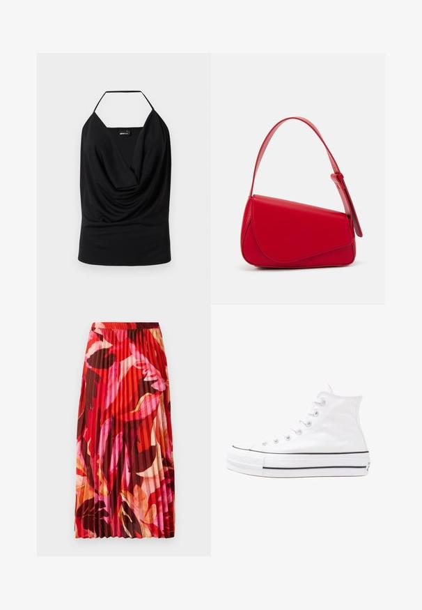 Must mustrindiga must tank top, millel on vooderdatud kaelus, valmistatud siledast kangast, avatud seljaga ning ilma nähtava riistvara või aksessuaarideta.; Plisseeritud maksiseelik erksates punastes, roosades ja pruunides lillemustriga. Elastne vöökoht ja sile tekstuur toovad lisamugavust ja stiili.; Valge kõrgem kangast tenniseking, millel on must kummist tald, ees kummist varvasetugi ja kuus aukku paelte jaoks, pakkudes puhta ja minimalistliku disaini.; Punane nahast käekott, millel on nurkadega geomeetriline disain. Omab ühte reguleeritavat rihma ja klappidega sulgemist, millel on õmblustega kaunistused.