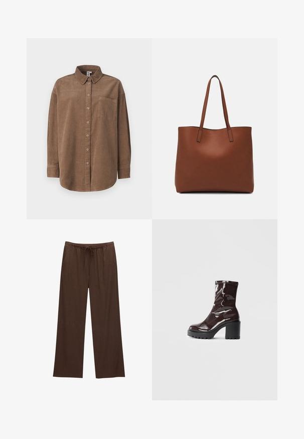 ONLY ONLAIME MOXI LONG - Camicia - fossil; Pantaloni larghi marroni realizzati in tessuto morbido, con vita elastica e cordoncino, e due tasche laterali.; Stivale alla caviglia bordeaux lucido con un tacco spesso nero, caratterizzato da una superficie liscia e un design semplice. Nessuna chiusura visibile o motivo.; Borsa tote in pelle marrone con texture liscia, design con apertura superiore e due spallacci. Presenta cuciture minime e nessun hardware visibile.