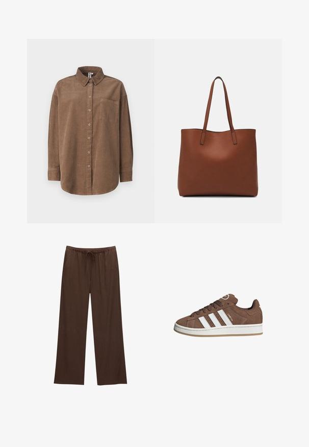 ONLY ONLAIME MOXI LONG - Skjortebluser - fossil; Brune brede bukser lavet af blød stof, med elastisk talje og snøre samt to sidelommer.; Brune ruskinds sneakers med hvide læderstriber, gummisål, rund tå og snørebåndsfront. Har et logo på tungen og perforerede detaljer.; Brun læder tote taske med en glat overflade, åben topdesign og to skulderremme. Har minimal syning og ingen synlig hardware.