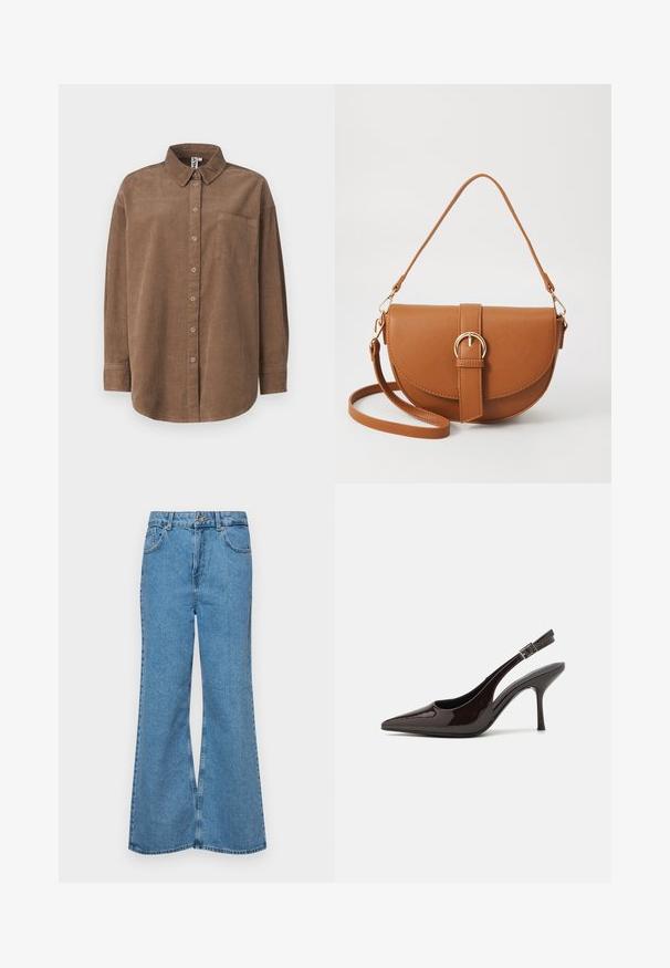 ONLY ONLAIME MOXI LONG - Blusa - fossil; Jeans acampanados de color azul claro hechos de denim, con una cintura alta, cinco bolsillos y un cierre de botón. Textura suave con acabado desgastado.; Zapato de tacón alto tipo slingback en piel sintética brillante de color marrón oscuro, con punta afilada, laterales abiertos y correa ajustable en el tobillo.; Bolso bandolera de cuero marrón con forma curvada, herrajes dorados y un acento de hebilla. Incluye una correa de hombro desmontable.