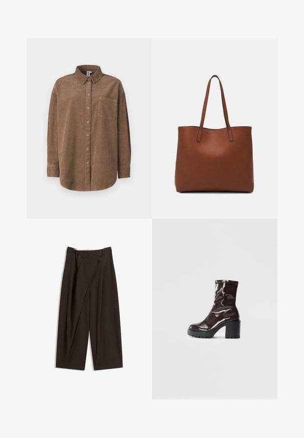 ONLY ONLAIME MOXI LONG - Button-down blouse - fossil; Dark brown wide-leg trousers with a high waist, featuring a single button closure and a pleated front. Made from lightweight fabric.; Glossy burgundy ankle boot with a chunky black heel, featuring a smooth texture and simple design. No visible fastenings or patterns.; Brown leather tote bag with a smooth texture, open top design, and two shoulder straps. Features minimal stitching and no visible hardware.