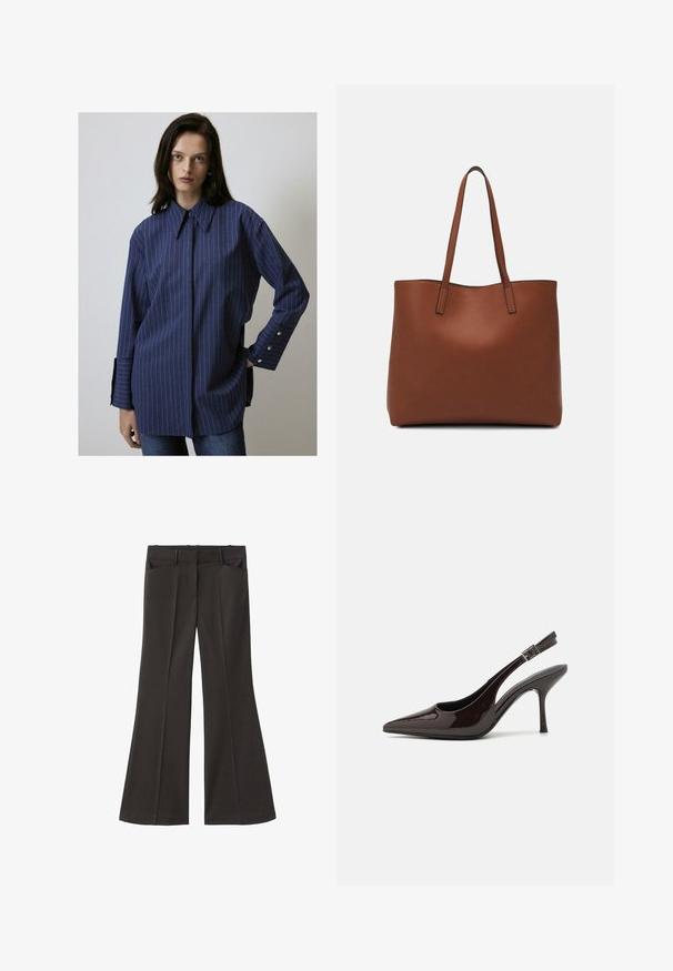 Marinblå randig långärmad skjorta med knapp-down krage, framplacket och manschettknappar. Mjuk tyg, avslappnad passform.; Svarta utsvängda byxor med hög midja; har två framfickor och en mjuk tygtextur. Lämpliga för olika tillfällen.; Högklackad slingback-sko i blankt mörkbrunt lackläder, spetsig tå, öppna sidor och justerbart ankelsnöre.; Brun läder tote-väska med en slät textur, öppen toppdesign och två axelremmar. Har minimal söm och ingen synlig metalldetalj.