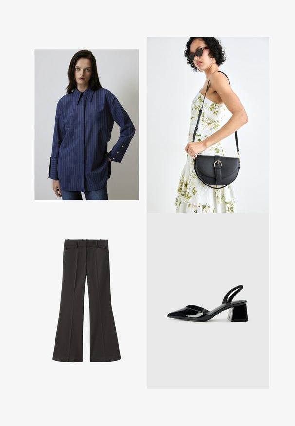Tmavomodrá pruhovaná košeľa s dlhým rukávom a golierom na gombíky, predným zapínaním a gombíkmi na manžetách. Mäkko tkaná látka, voľný strih.; Čierne rozšírené nohavice s vysokým pásom; majú dve bočné vrecká a hladkú textúru látky. Vhodné na rôzne príležitosti.; Čierne lakované kožené sandálové podpätky s špicatou špičkou a geometrickým blokovým podpätkom. Disponujú elegantným, minimalistickým dizajnom a hladkým povrchom.; Čierna kožená kabelka s zaobleným tvarom, odnímateľným popruhom a zlatými doplnkami. Kabelka má klopu s detailom s prackou.