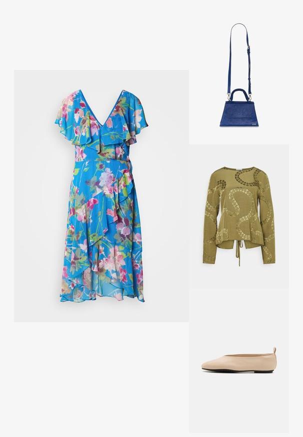Tricou lung cu mânecă, de culoare verde măslinie, cu o croială lejeră, având un model în relief asemănător cu un șarpe și un detaliu legat la margine.; Rochie cu imprimeu floral, cu decolteu în V, mâneci volan și o siluetă fluidă. Fabricată dintr-un material ușor, în nuanțe de albastru, roz și verde.; Balerini din piele bej cu un design de profil jos, vârf rotund și talpă din cauciuc negru, având o mică buclă la spate pentru a fi îmbrăcați mai ușor.; Geantă de umăr din piele sintetică albastră, cu o formă triangulară, mânere de sus și curea de umăr ajustabilă. Dispune de o textură netedă și detalii cu clapetă frontală.