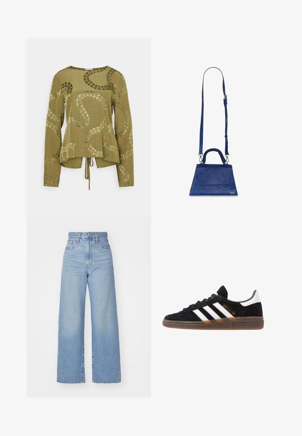 Olivgrünes Langarmoberteil mit lockerer Passform, das ein schlangenähnliches, geprägtes Muster und einen gebundenen Akzent am Saum aufweist.; Hellblaue High-Waist-Weite-Leg-Jeans mit Knopf- und Reißverschluss vorne, Vorder- und Rückentaschen, auf weißem Hintergrund.; Schwarzer Adidas Sneaker mit weißen Streifen, goldenem "Spezial"-Text, Gummisohle und weißem Fersenbereich, seitliche Ansicht.; Blaue Kunstleder-Handtasche mit dreieckiger Form, oberem Griff und verstellbarem Schulterriemen. Sie bietet eine glatte Textur und eine Frontklappe.