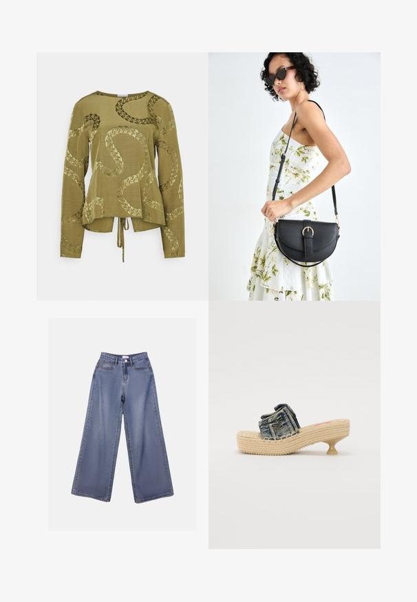 Oliivinvihreä pitkähihainen paita, jossa on rento istuvuus, ja jonka varressa on käärmeenkaltaista painatusta sekä sidottu yksityiskohta hemissä.; Vaaleansinisiä leveälahkeisia farkkuja, joissa on korkea vyötärö, etutaskut ja nappisuljenta vyölenkeillä.; Denim-slide sandaalit, joissa on kudottu alusta ja pieni korko. Saattaa sisältää koristeellista ompelua ja metallisen yksityiskohdan yläremmissä.; Musta nahkainen käsilaukku, joka on kaareva muotoilultaan, irrotettavalla hihnalla ja kultaisilla yksityiskohdilla. Laukussa on läppä, jossa on solk yksityiskohta.