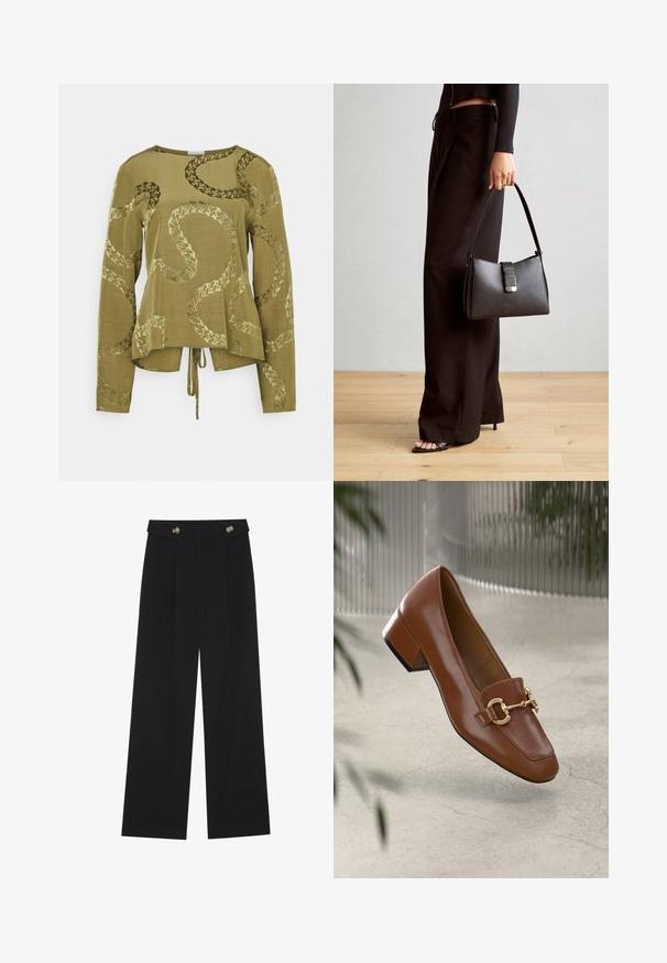 Olive green long-sleeve top with a relaxed fit, featuring a snake-like embossed pattern and a tied detail at the hem.; Black wide-leg trousers with high waist, button details on waistband, and front pleats.; Brown patent leather loafer with square toe, metallic chain accent, and low block heel; smooth texture, minimalist design.; Black handbag with structured shape, smooth texture, and a metallic clasp. Paired with wide black pants and open-toe sandals on wooden floor.