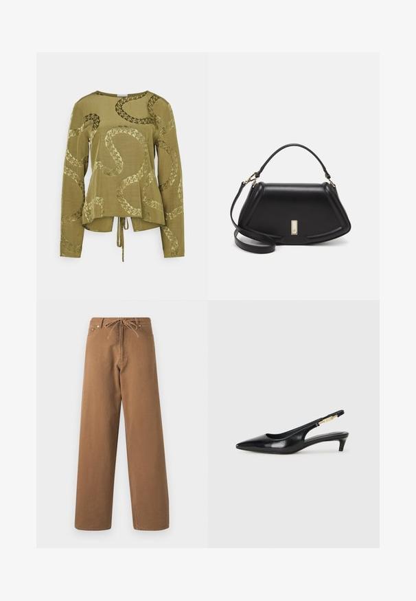 Maglia a maniche lunghe verde oliva con una vestibilità morbida, caratterizzata da un motivo a rilievo simile a quello di un serpente e un dettaglio annodato all'orlo.; Pantaloni larghi marroni in cotone, con vita elasticizzata e due tasche frontali. Tessuto strutturato con una finitura liscia.; Tacchi slingback in pelle nera con punta affusolata, caratterizzati da un tacco alto e un accento dorato sulla cinghia regolabile. Texture liscia.; Borsa a mano in pelle nera con un design strutturato, caratterizzata da una forma corta, manico superiore e accessori in metallo dorato. Inclusa tracolla regolabile.