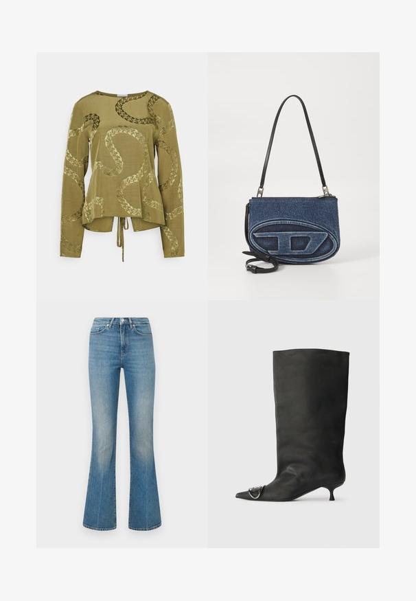 Olivenfarvet langærmet top med en afslappet pasform, der har et slangeagtigt præget mønster og en bund med knyttet detalje.; Lys blå flagrende jeans lavet af denim. Indeholder en talje med en knap og et falmet vask, der snævrer ind til en bred kant ved anklerne.; Sort læder ankelstøvle med spidse tå, lille hæl og metallisk detalje på tæerne. Glat, mat overflade hele vejen igennem.; Denim crossover taske med en sort læderrem, oval logo-design fortil, og en lynlås lukning øverst. Tekstureret finish.