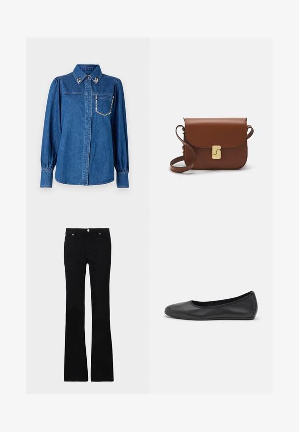 Džínová košeľa v modrej farbe s dlhými, nadýchanými rukávmi. Má špicatý golier s ozdobnými prvkami a vrecko zvýraznené kamienkami.; Biela krátka tričko s krátkymi rukávmi vyrobené z rebrovanej látky. Klasický okrúhly výstrih, bežný strih a jemné švy. Bez vzorov alebo grafiky.; Čierne rozšírené džínsy vyrobené z denimu, s dvoma prednými vreckami, zapínaním na gombík a hladkým povrchom. Viditeľné podpisové šitie na švoch.; Čierne kožené baleríny s okrúhlou špičkou, hladkým povrchom, minimálnym prešívaním a flexibilným dizajnom podrážky.; Hnedá kožená kabelka s klopou, zlatými kovovými prvkami, ramenným popruhom a hladkým povrchom. Kompaktný obdĺžnikový tvar.