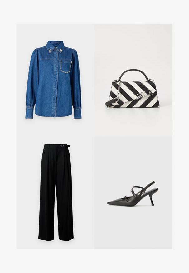 Denim shirt in blue with long, puffed sleeves. Features a pointed collar with decorative embellishments and a pocket accented with rhinestones.; Black wide-leg trousers with a high waist, pleats at the front, and a belt featuring a buckle. Made from smooth, lightweight fabric.; Black leather slingback heels with a pointed toe, slender heel, and decorative buckle detail on the vamp. Smooth texture and sleek design.; Black and white striped handbag with a structured shape, featuring a top handle, a detachable chain strap, and metallic logo accent.