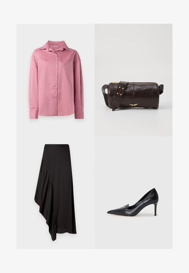 Camicia a maniche lunghe rosa con colletto a punta e bottone anteriore. Texture morbida e vestibilità comoda con polsini abbottonati e senza motivi visibili.; AERON ASTER SKIRT - Gonna a tubino - black; Décolleté in pelle nera con punta affusolata, scollatura bassa e un accento decorativo dorato. Presenta un tacco a stiletto e una superficie liscia.; Borsa in pelle stampata a coccodrillo marrone con forma cilindrica, accessori in tonalità oro e una tracolla staccabile con borchie.