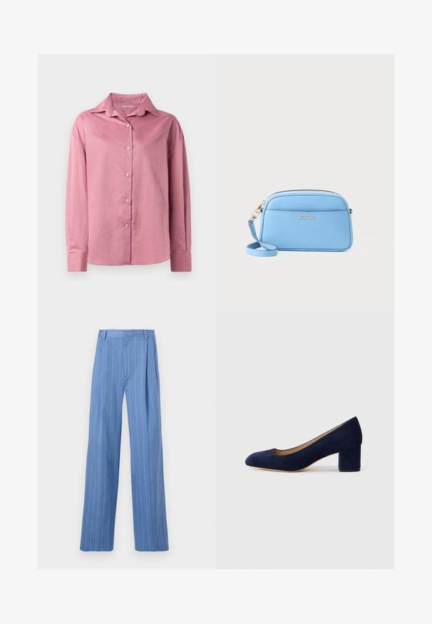 Camicia a maniche lunghe rosa con colletto a punta e bottone anteriore. Texture morbida e vestibilità comoda con polsini abbottonati e senza motivi visibili.; Pantaloni a gamba larga blu chiaro con strisce bianche verticali. Realizzati in materiale morbido, presentano una piega frontale e un design della vita pulito.; Pump in suede blu Navy con punta affusolata e tacco blocco di media altezza. Texture liscia con una leggera lucentezza e un piccolo taglio sul davanti.; Borsa a tracolla in pelle azzurro chiaro con dettagli in metallo oro, chiusura con zip e tasca frontale. Presenta un tracolla regolabile per maggiore comodità.