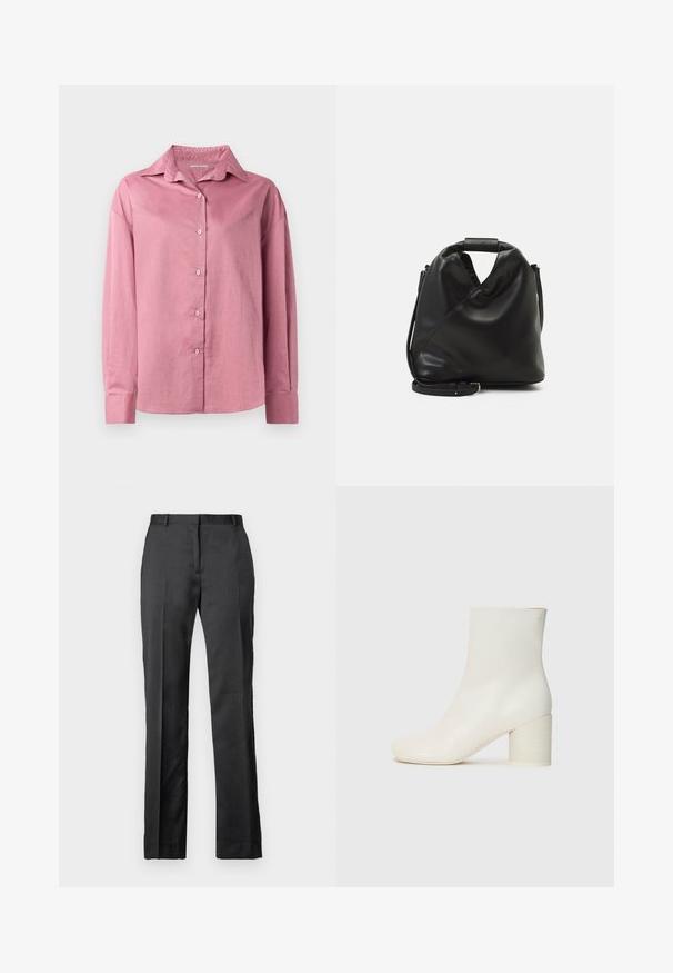 Pink long-sleeve shirt with a pointed collar and buttoned front. Soft texture and relaxed fit with buttoned cuffs and no visible patterns.; Tailored black dress pants made from a smooth fabric. Features a straight leg design, flat front, and subtle crease detailing.; White leather ankle boot with rounded toe and chunky cylindrical heel. Smooth texture, minimal design, no visible hardware or patterns.; Black, soft leather bag with a unique twisted design. Features a short handle and a detachable shoulder strap. Minimalist style.