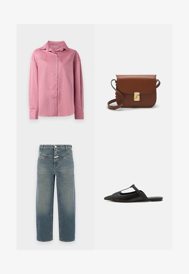 Pink long-sleeve shirt with a pointed collar and buttoned front. Soft texture and relaxed fit with buttoned cuffs and no visible patterns.; CLOSED STOVER X - Jeans Tapered Fit - mid blue; Black leather slingback shoe with a pointed toe, featuring a woven accent and pleated upper design. Flat sole with minimal hardware.; Brown leather handbag with a flap closure, gold-tone hardware, a shoulder strap, and a smooth texture. Compact rectangular shape.