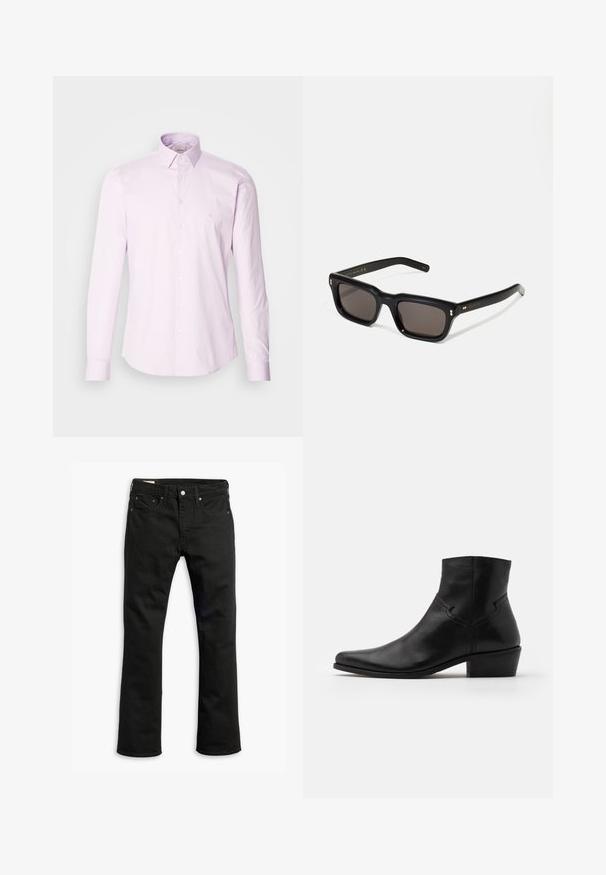 Lichtroze lange mouwen overhemd met knopen, gemaakt van katoen, met een klassieke kraag, voorste knoopsluiting en een klein logo op de borst.; Zwarte denim jeans met een recht gesneden ontwerp, vijf zakken, metalen knoopsluiting en subtiele stikseldetails. Gladde textuur en effen kleur.; Zwarte leren enkellaars met een spitse neus, minimale stiksels, een middellange blokhak en een gladde, gepolijste afwerking.; Zwarte rechthoekige zonnebril met donkere lenzen, een dik plastic montuur, gouden accenten op de veren en het merkembleem gegraveerd op de arm.